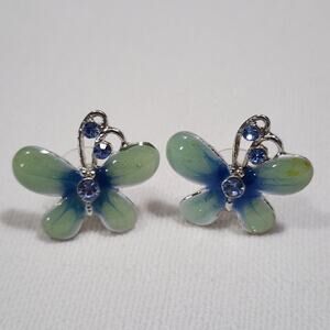 Butterfly Earrings Two Toned Blue Green Wing Enamel Crystal Silver Tone Post Vtg